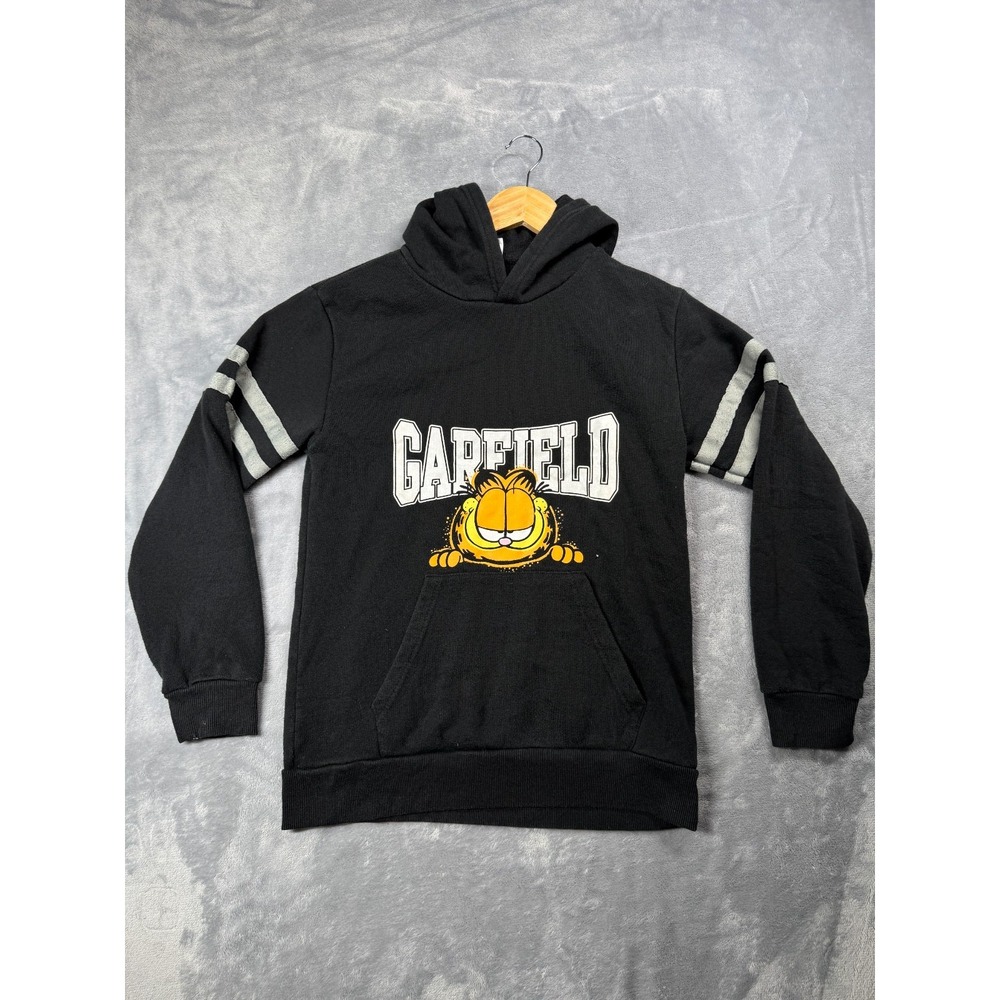 Garfield Hoodie Youth Large Black Comic Strip Graphic Logo Fleece Lined Cotton